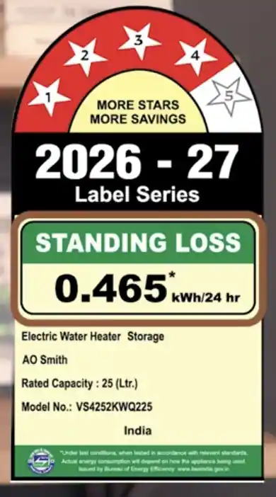 BEE 2026โ27 energy efficiency label for an AO Smith 25L storage geyser showing a 4-star rating and standing loss of 0.465 kWh per 24 hours.