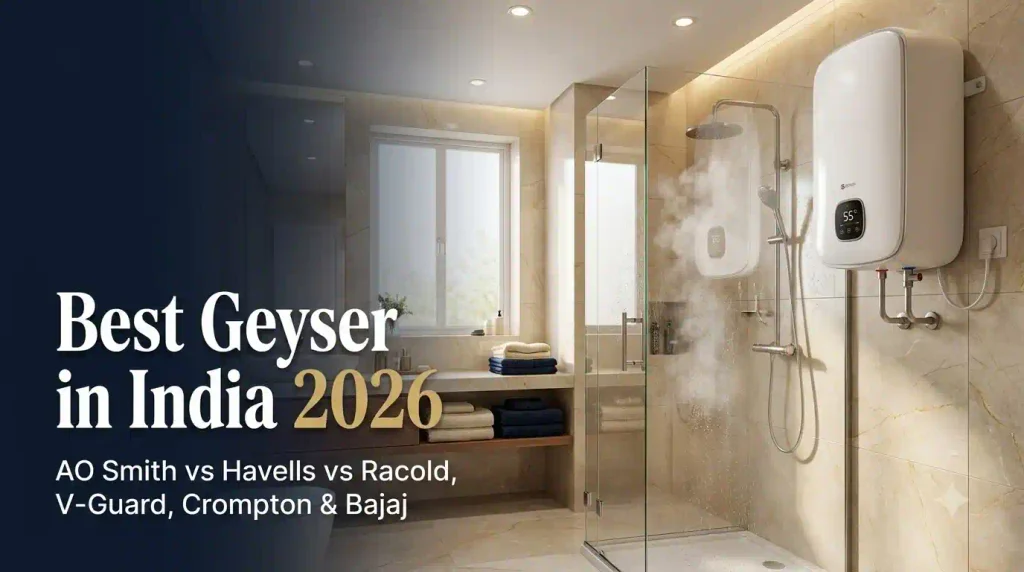 Modern bathroom featuring a wall-mounted storage water heater and Best Geyser in India 2026 buying guide headline.
