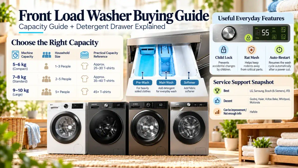 Front Load Washing Machines buying guide showing capacity sizes, detergent drawer, child lock, auto-restart, service support and top washing machine brands