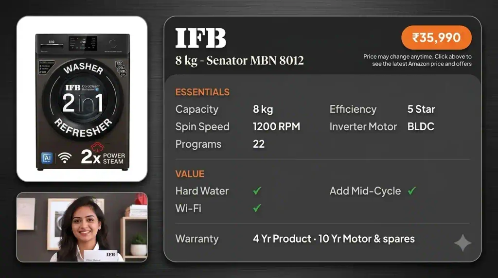 IFB Senator MBN 8012 8 kg front load washing machine with 1200 RPM, 5-star rating, Wi-Fi, hard water support and Power Steam