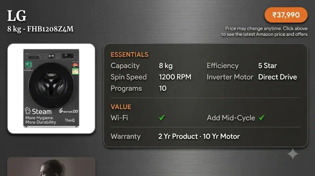 LG FHB1208Z4M 8 kg front load washing machine with 1200 RPM, 5-star rating, Direct Drive motor, Wi-Fi and steam wash