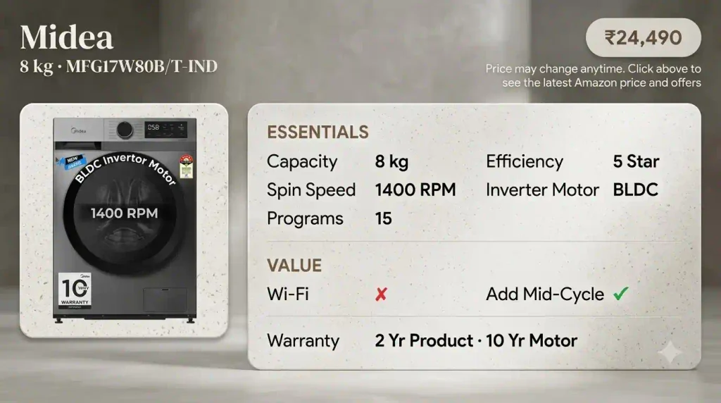 Midea MFG17W80B/T-IND 8 kg front load washing machine with 1400 RPM, 5-star rating, BLDC inverter motor and 15 wash programs